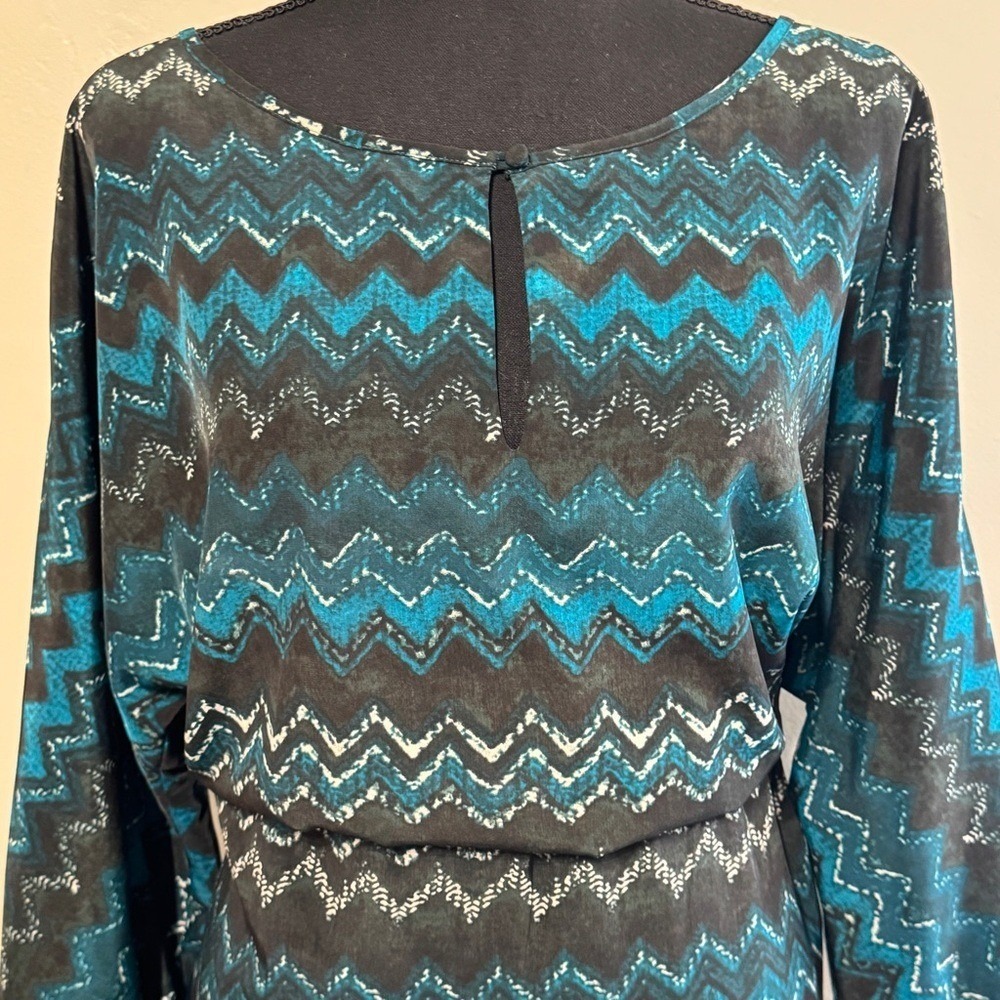 Ann Taylor Loft Keyhole Chevron Striped Teal Black White Blouson Dress Large - Picture 2 of 5